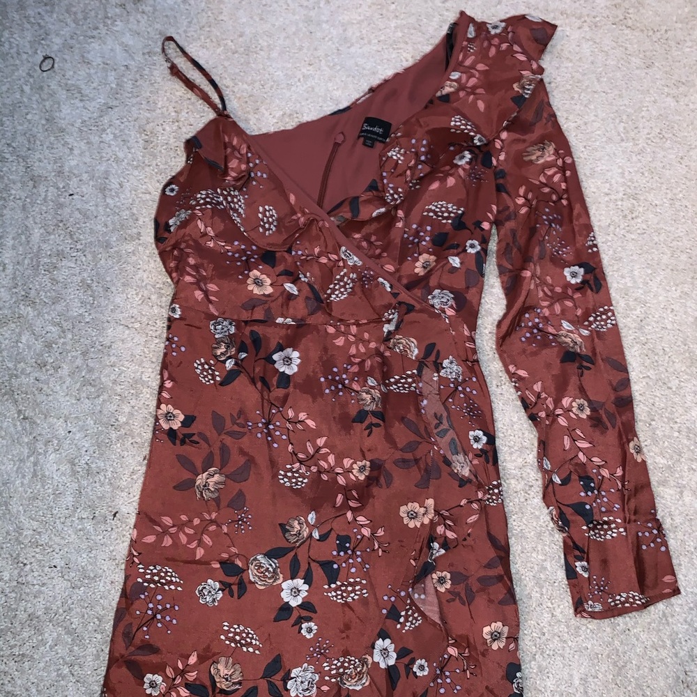 Faux wrap one sleeved dress